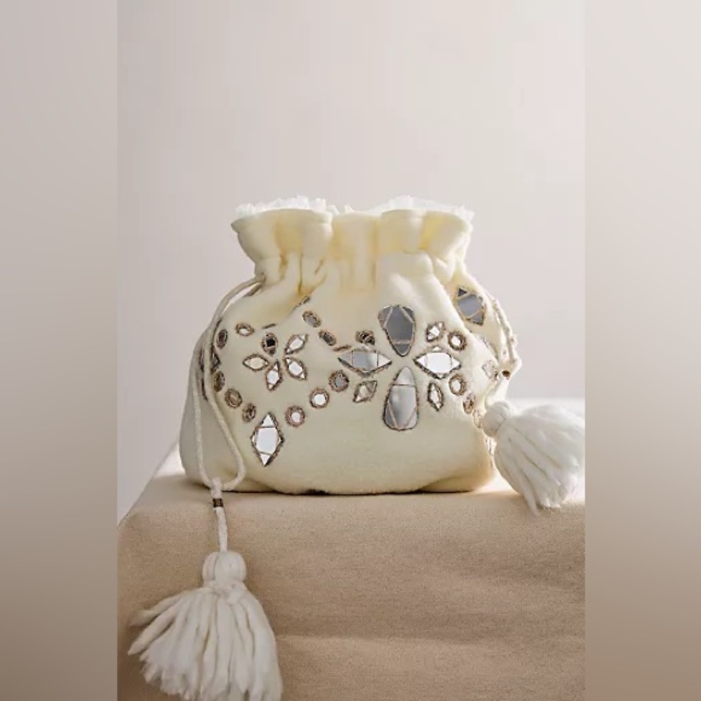 Free People Seasons Sparkle Mini Gift Sack Ivory Beaded Mirror Tassel Bag